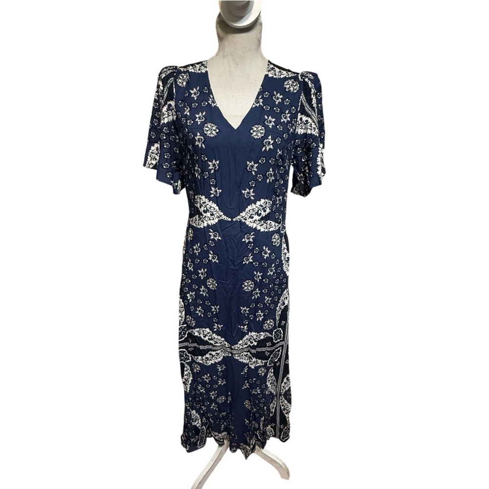 BEYOND BY VERA MARGO PRINTED Blue Bandana MIDI DRESS SIZE L $398 NWT